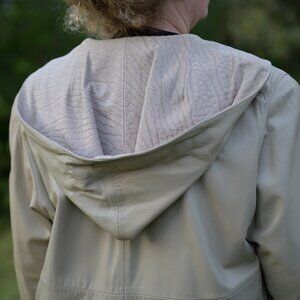 Women's leather coat with hood, long, size XL